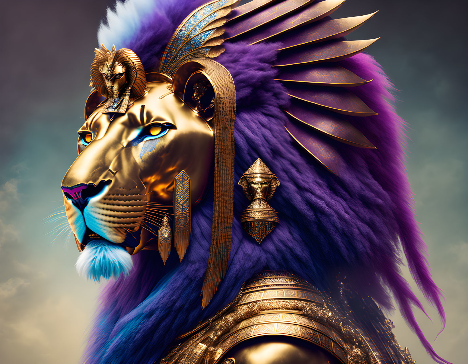 Digital artwork: Lion head with Egyptian Pharaoh adornments in gold and blue on cloudy background