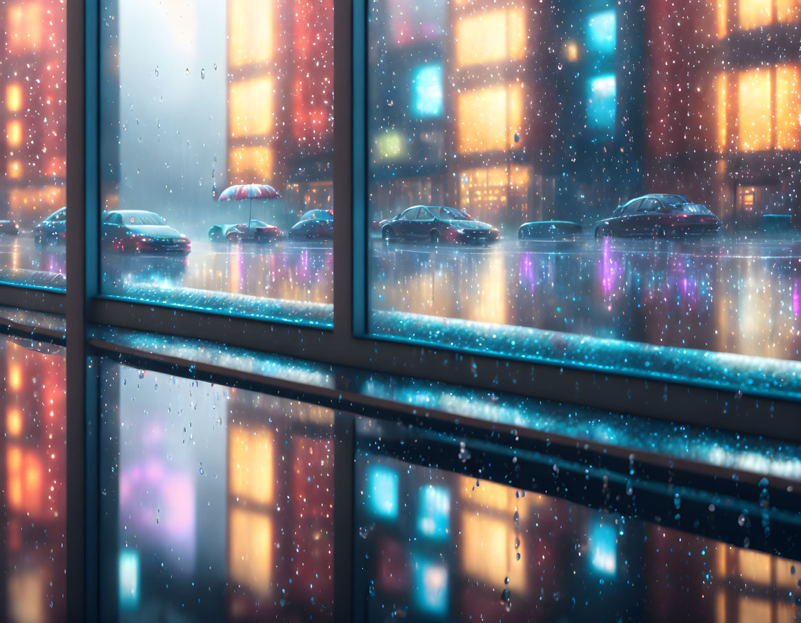 Rainy night cityscape through window with water droplets reflecting street lights