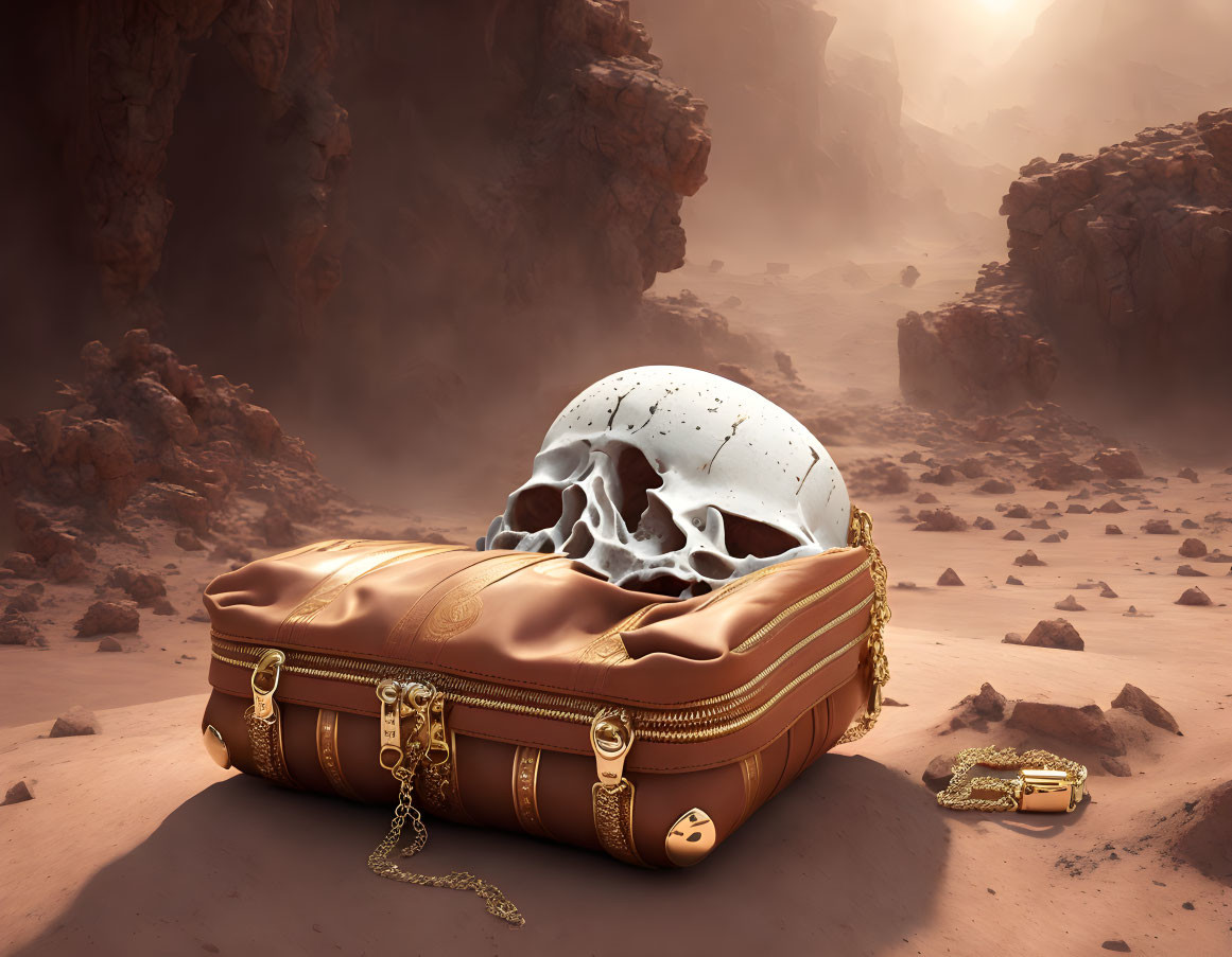 Human skull on leather bag in desert with rocky formations under hazy sky