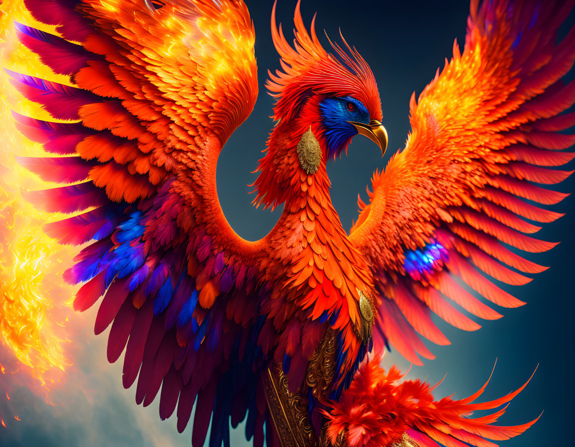 Majestic Phoenix with Vibrant Red and Orange Plumage against Dramatic Sky