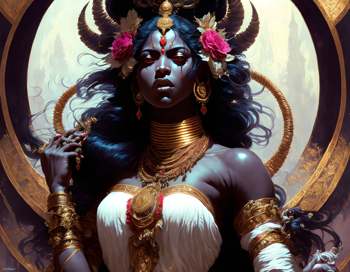 Blue-skinned woman adorned with gold and crescent moon in a mythic setting.