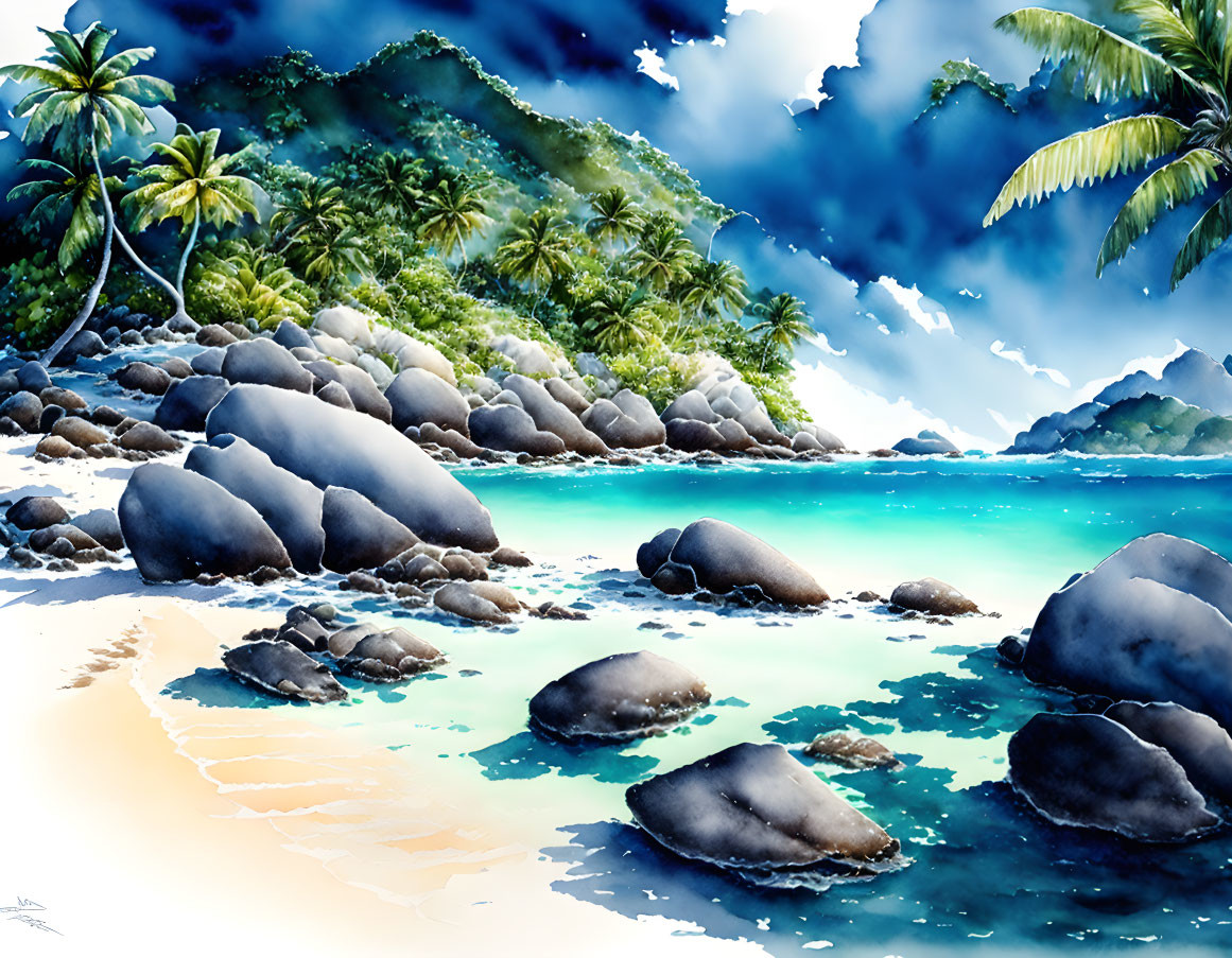 Tropical beach landscape with palm trees, clear sky, waves, and mountains