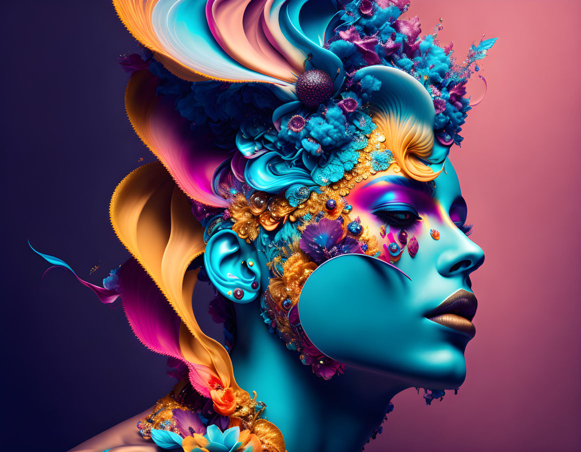 Colorful digital artwork of woman's profile with floral and sculptural adornments