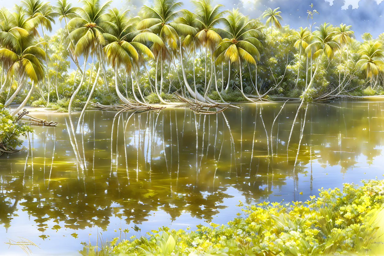 Tranquil tropical scene with palm trees reflected in golden water.