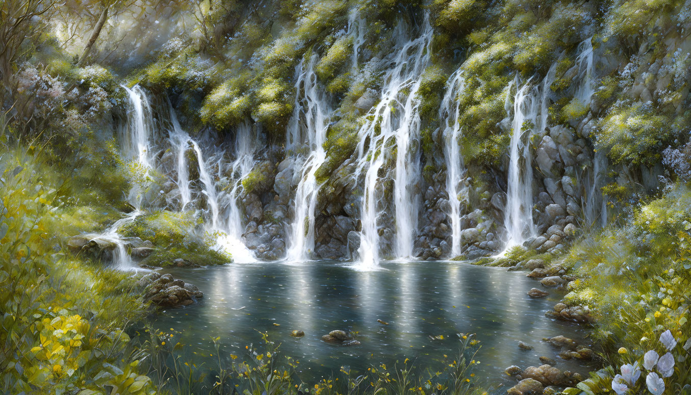 Tranquil waterfall cascading into pond with rocks