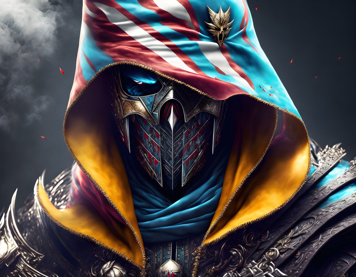 Colorful hooded knight with metallic mask in dark, smoky setting.