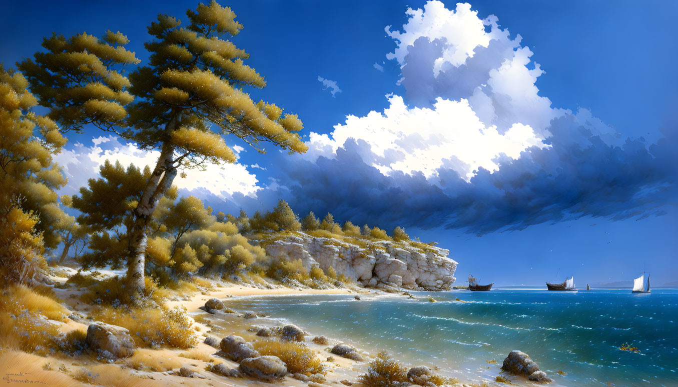 Tranquil coastal scene with evergreen trees, sandy beach, clouds, and sailboats