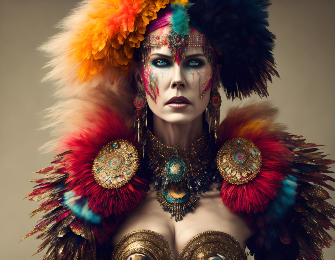 Intense person with tribal makeup, feathers, and jewelry