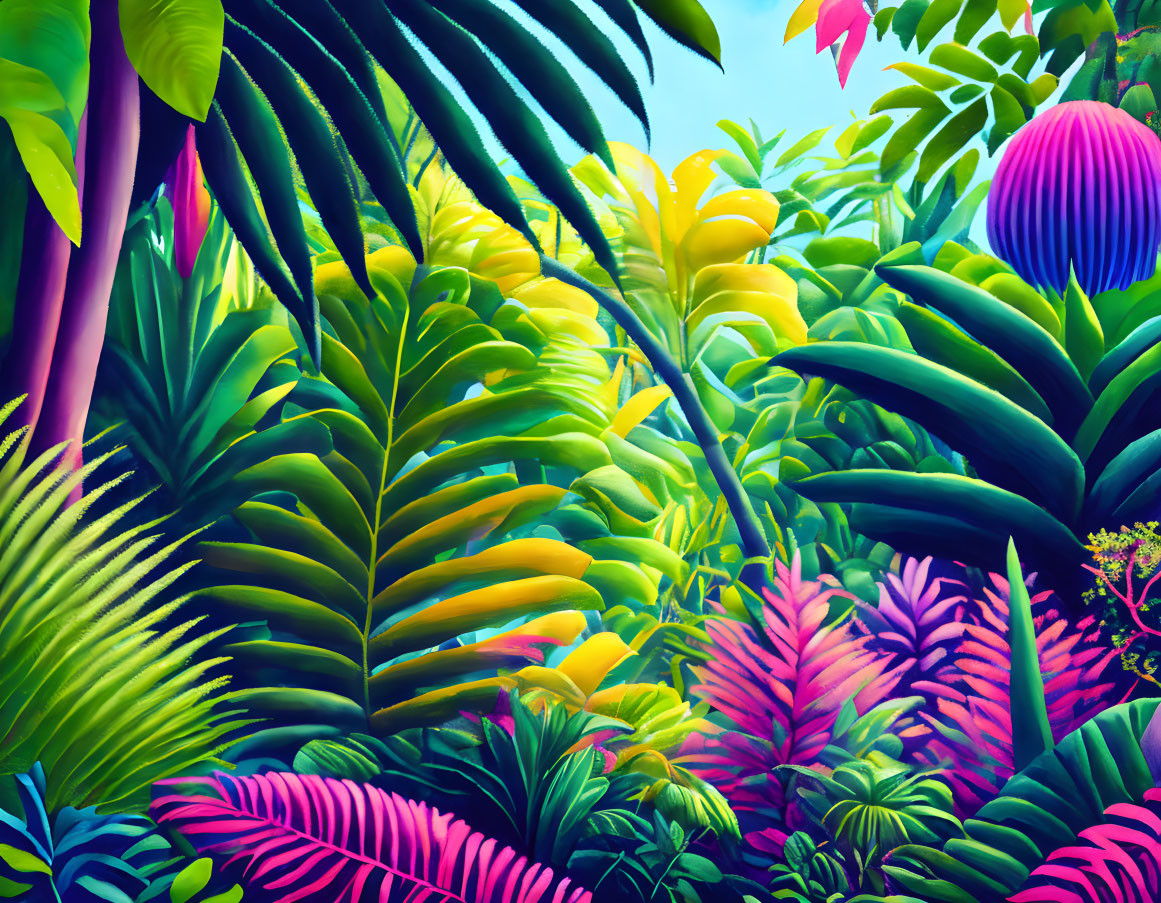 Colorful Tropical Forest Digital Artwork with Oversized Leaves