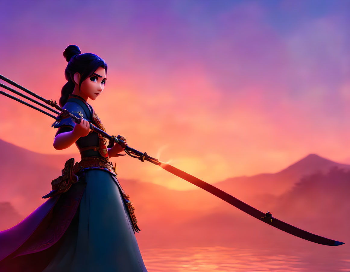 Female warrior with spear in heroic pose against vibrant sunset and misty mountains