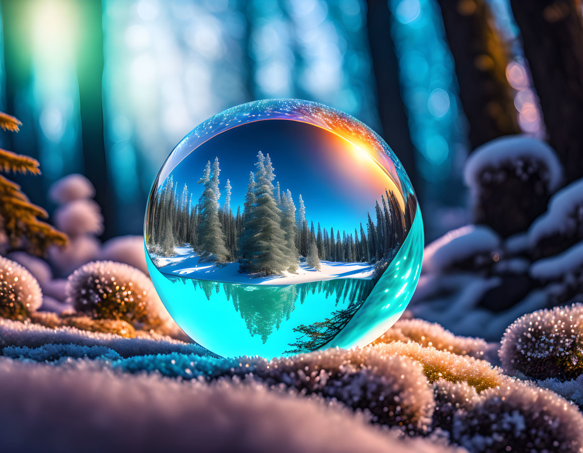 Crystal Ball Reflects Wintry Pine Forest on Frosty Surface