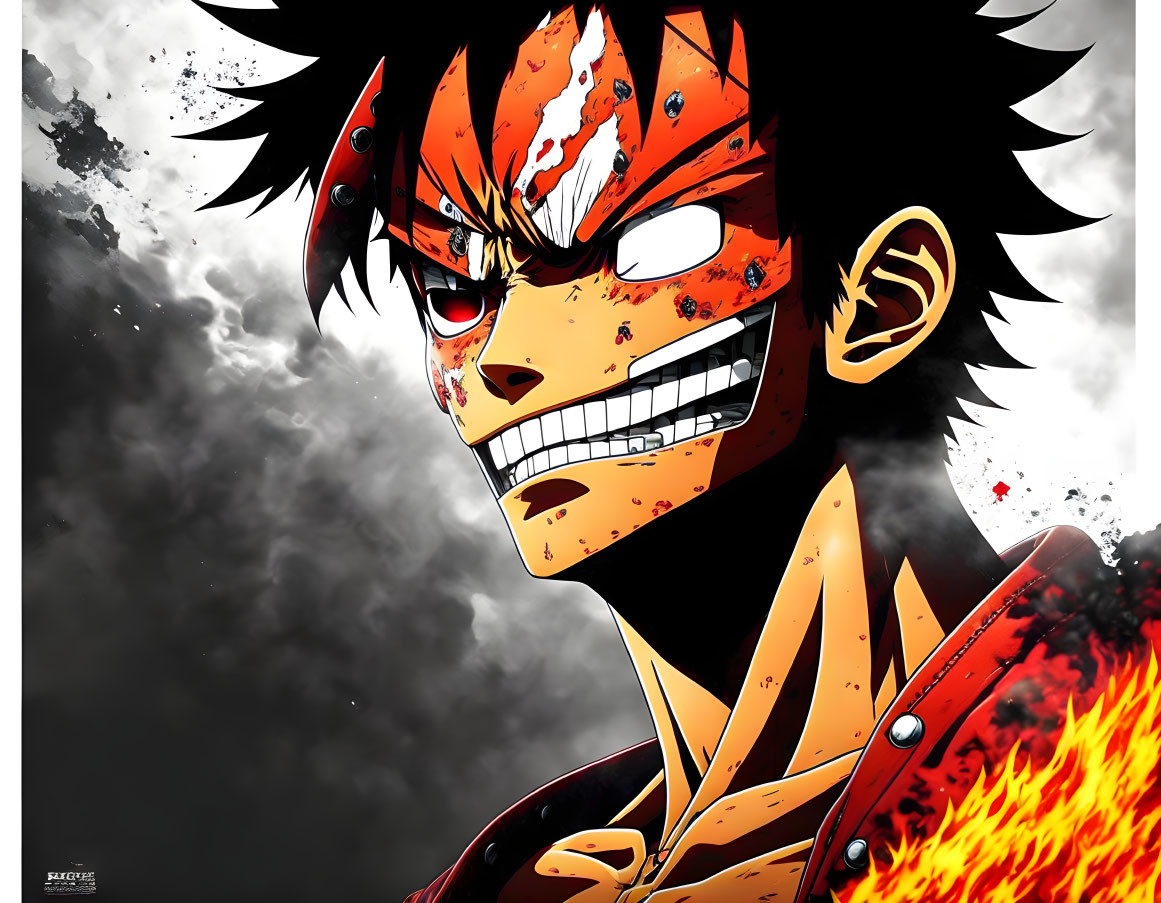 Spiky black hair, scar, red vest, flames character on gray background