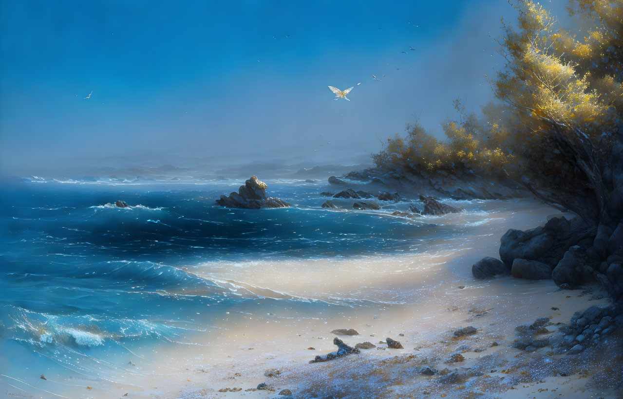 Tranquil beach landscape with crashing waves, blue sky, rocks, seagulls, and sun