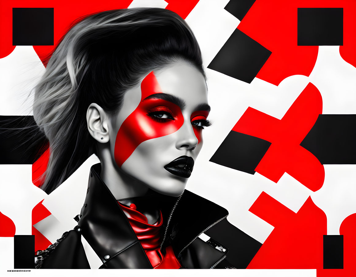 Monochrome image of woman with red puzzle piece makeup on black and red puzzle background