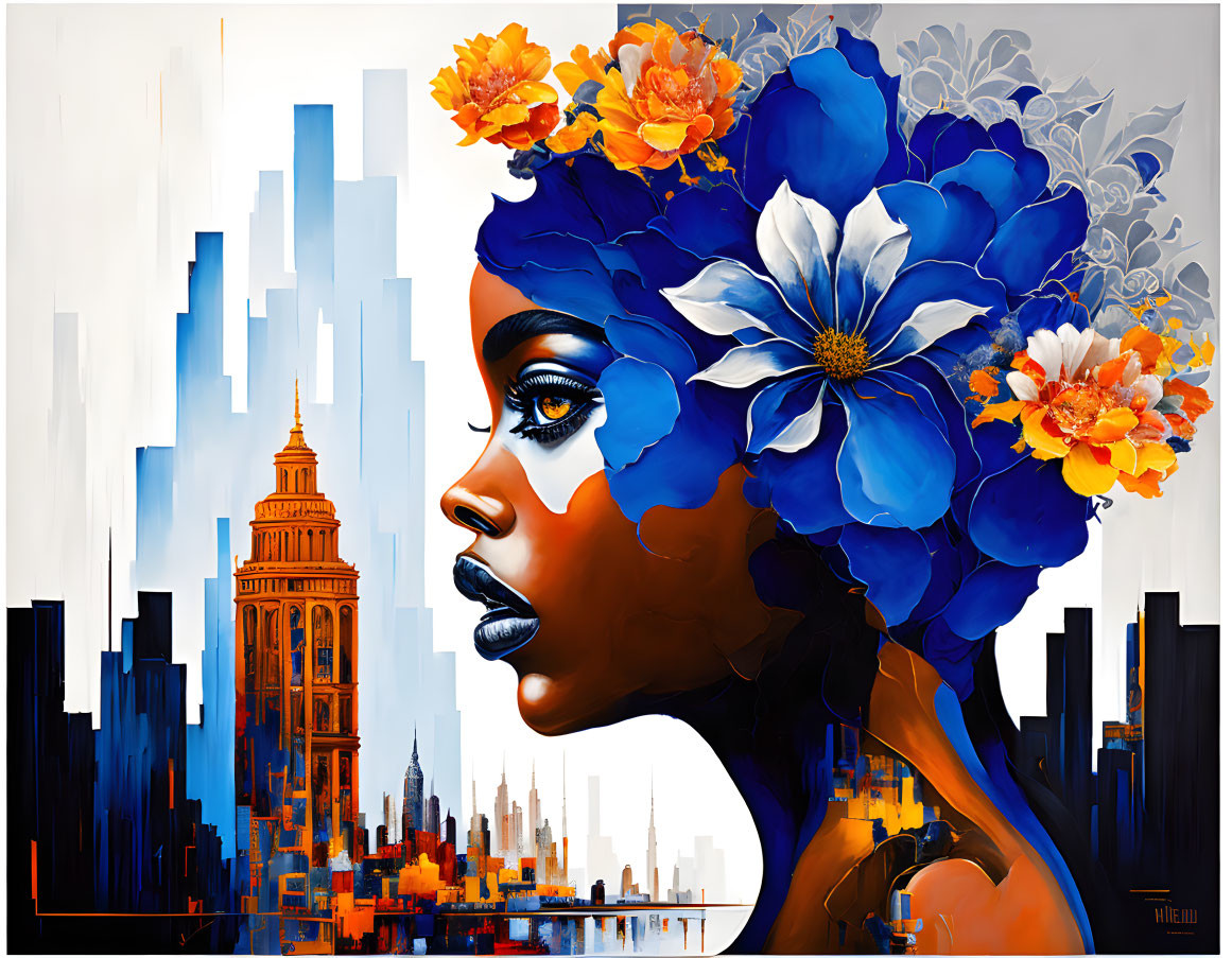 Colorful artwork: Woman's profile with floral headpiece & cityscape in background