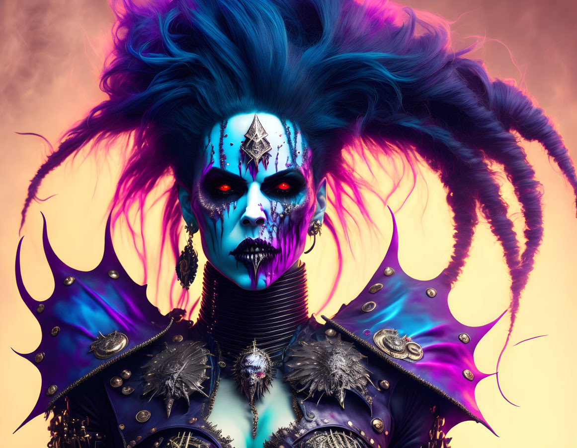 Colorful fantasy portrait of a person with skull makeup, blue hair, red eyes, and dark armor