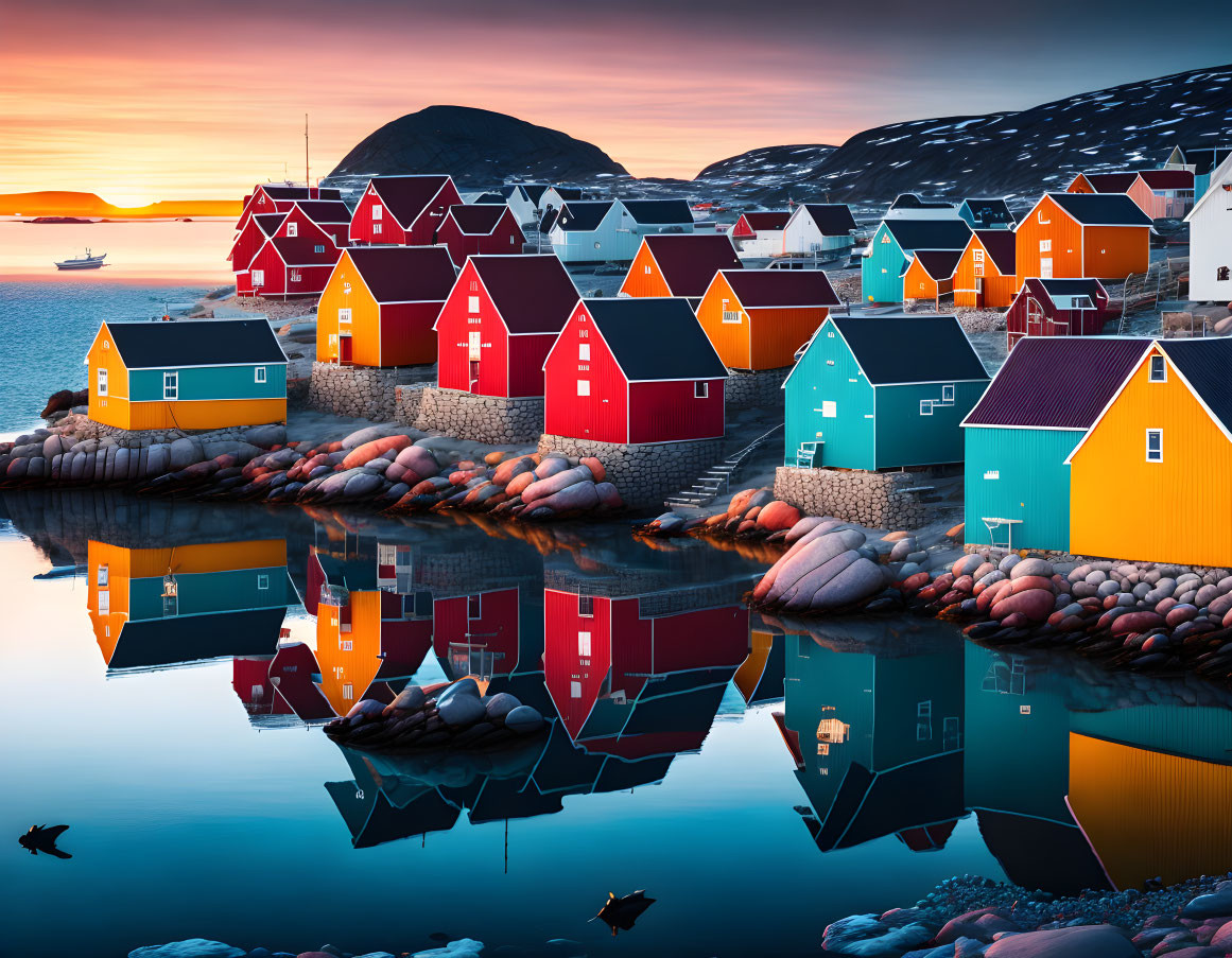 Vibrant waterfront village with colorful houses and calm sea reflections at sunset