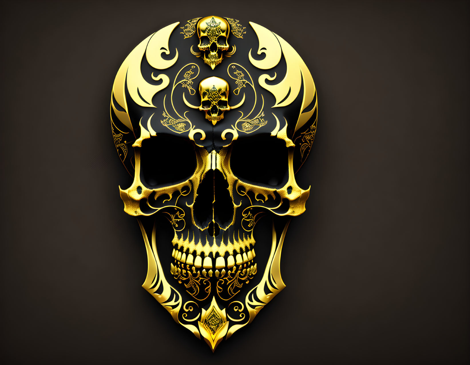 Golden Skull with Black Patterns and Embossed Smaller Skulls on Dark Background