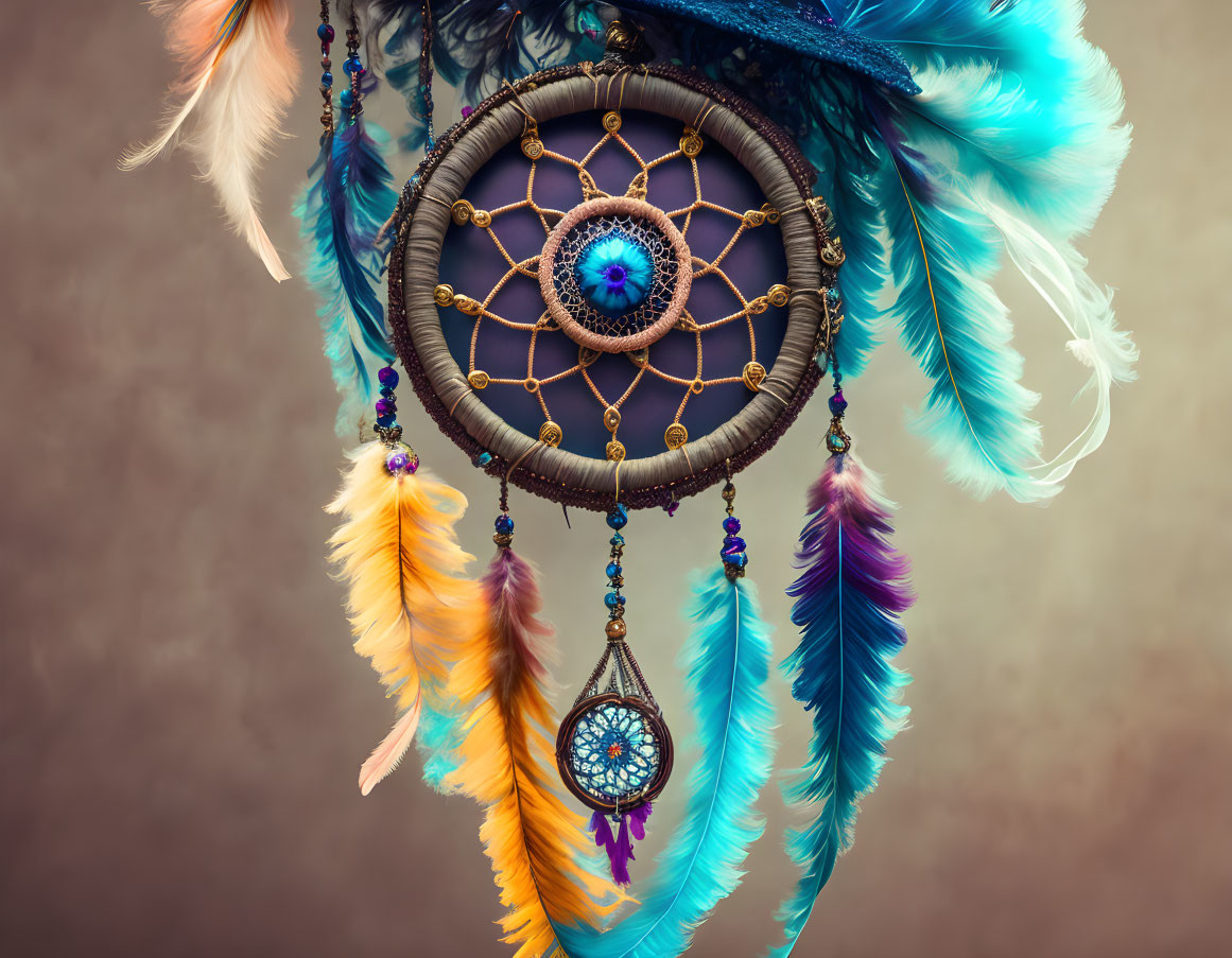 Colorful dreamcatcher with feathers, beads, and blue eye design