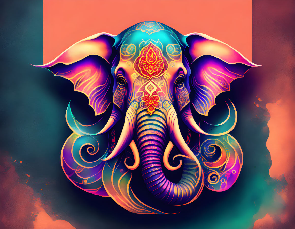 Colorful Elephant Artwork with Ornate Patterns on Orange and Teal Background