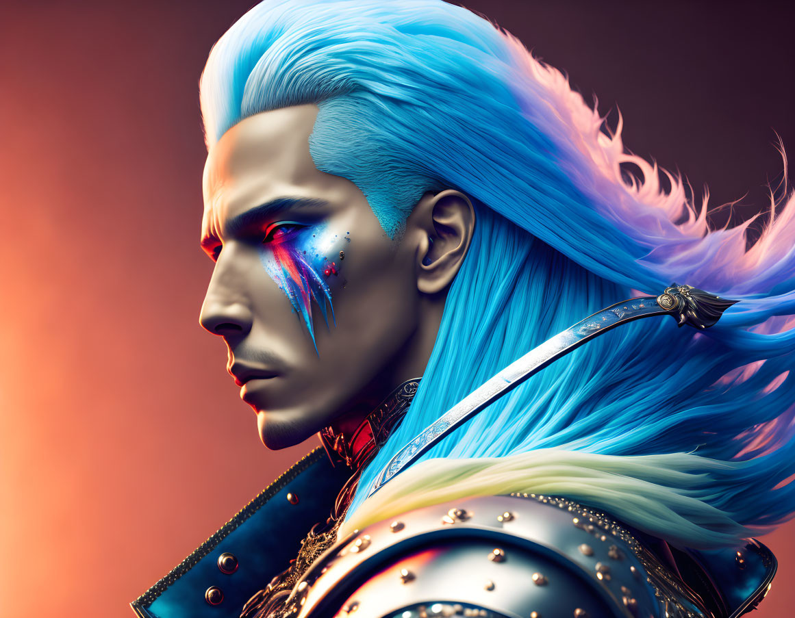 Character with Icy Blue Hair, Piercing Blue Eyes, Red War Paint, Blue & Silver Out