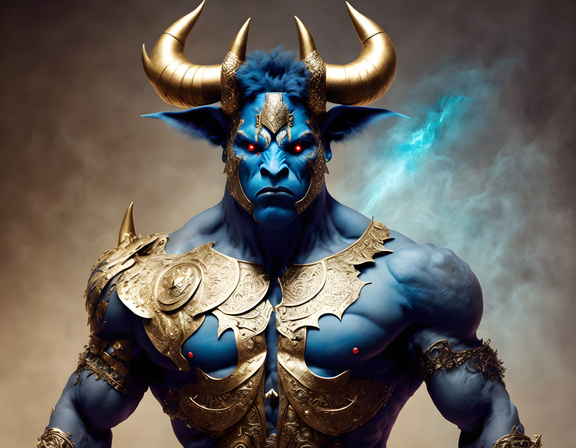 Blue-skinned horned character in golden armor on smoky brown background