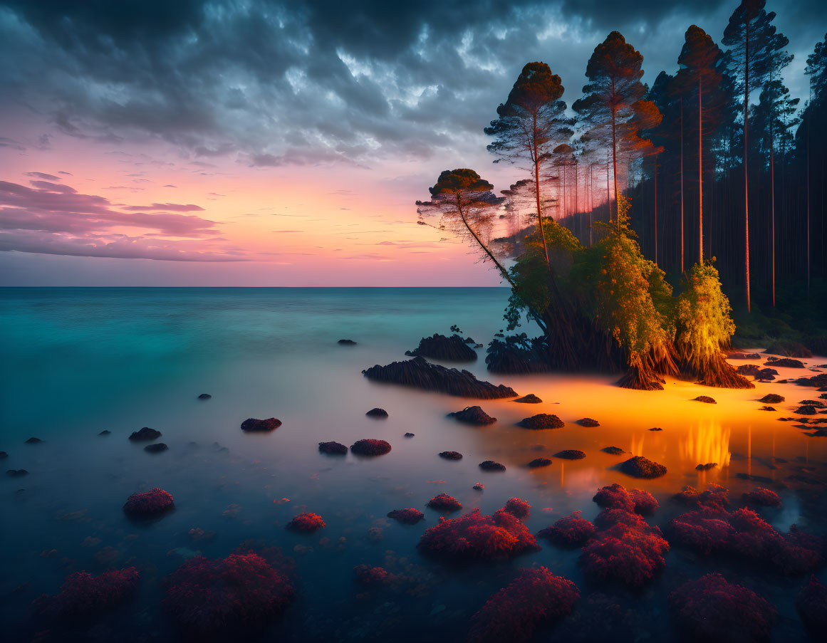 Tranquil coastal sunset with tall trees on cliff above calm blue waters