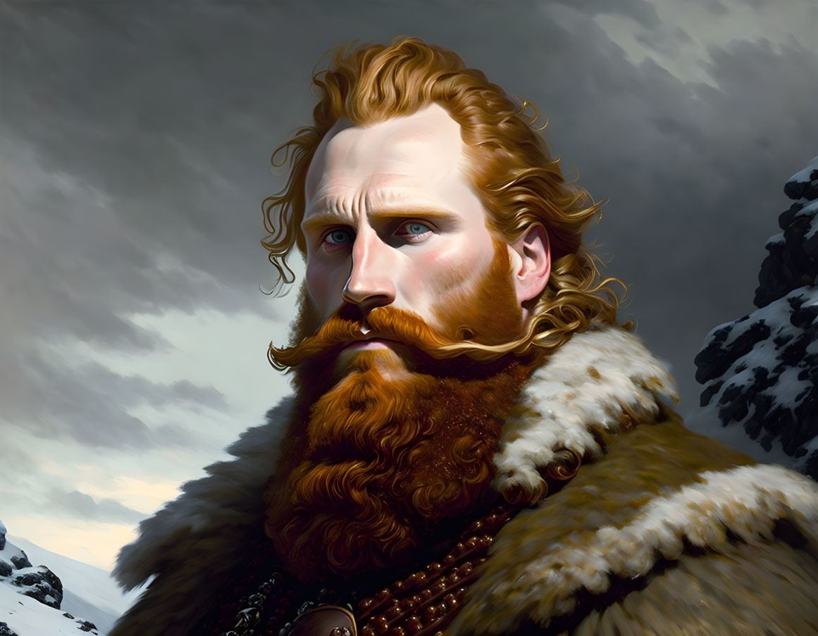 Red-bearded man in fur cloak against cloudy sky and mountains