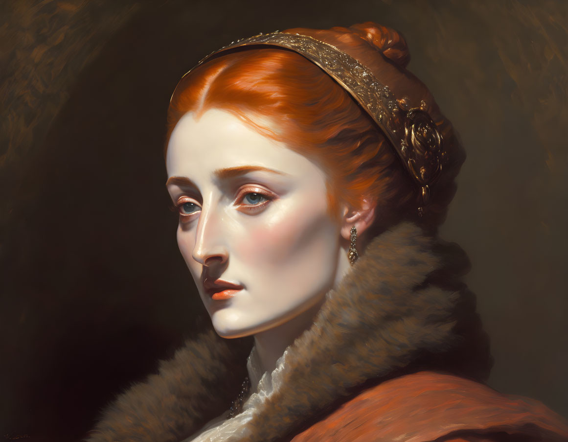 Red-haired woman in jeweled headband and fur-trimmed coat on dark backdrop