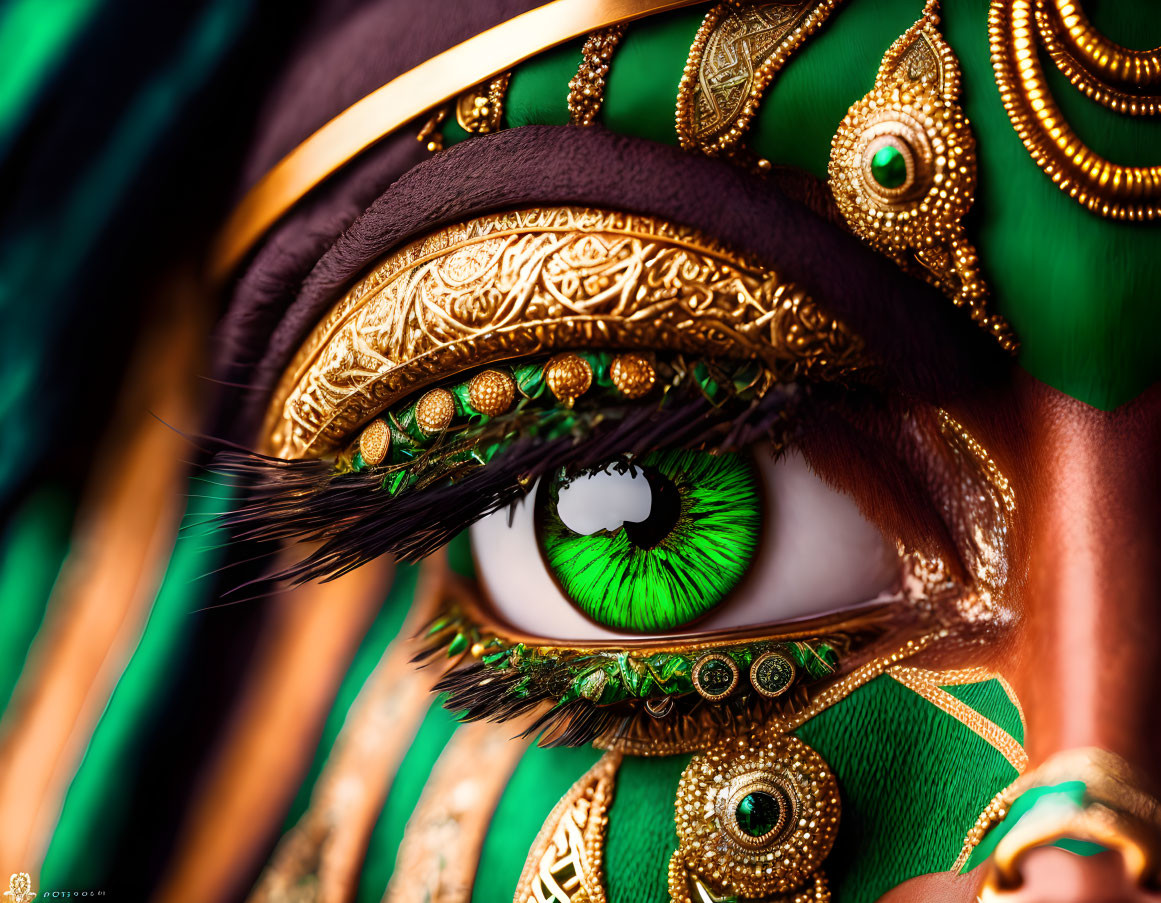 Detailed Close-Up of Eye with Green Makeup and Ornate Golden Decorations