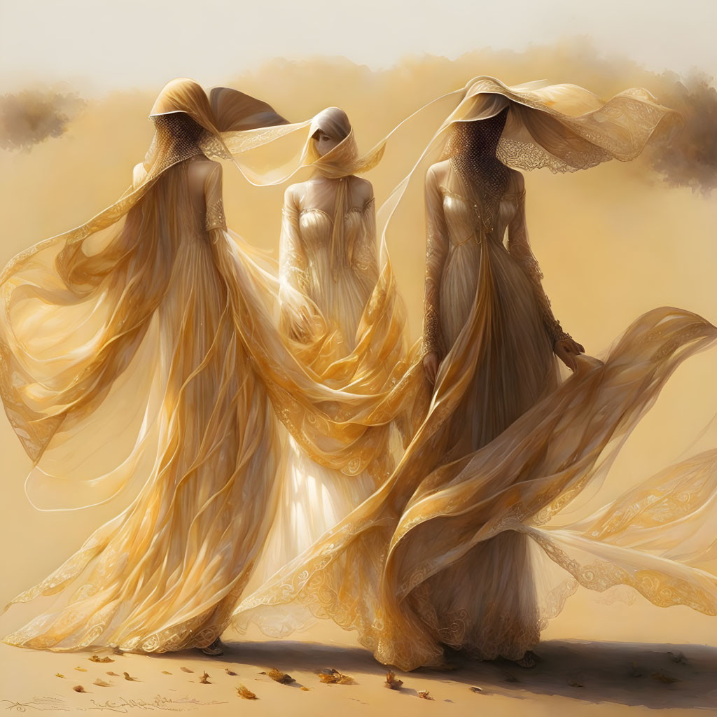 Three women in golden dresses and veils standing in desert breeze