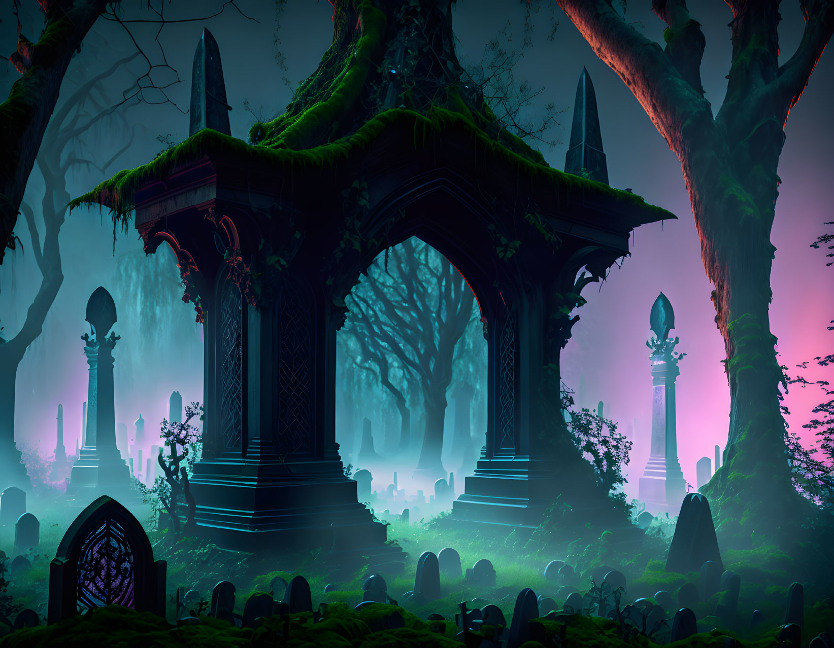 Neon-lit fantasy graveyard with gazebo, tombstones, and towering trees