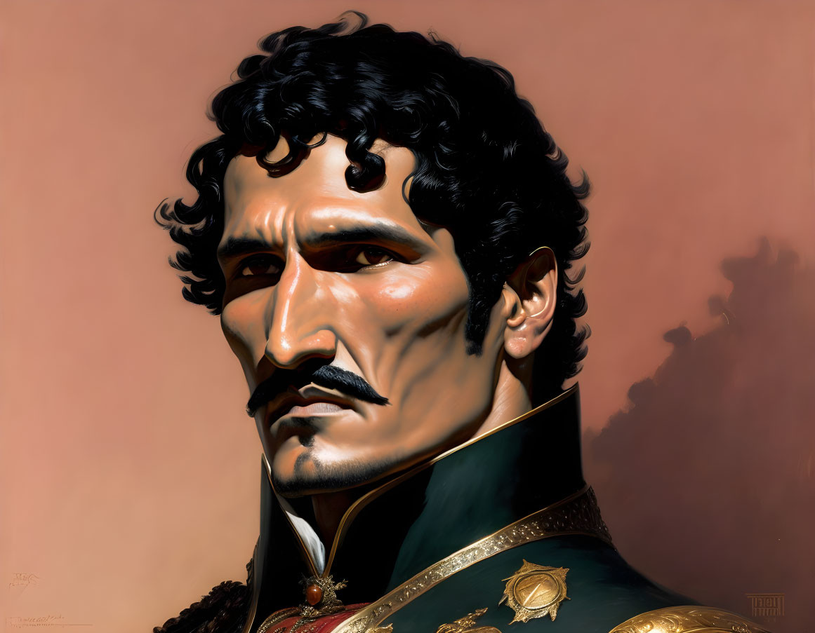 Illustration: Man in Military Uniform with Dark Hair & Sideburns