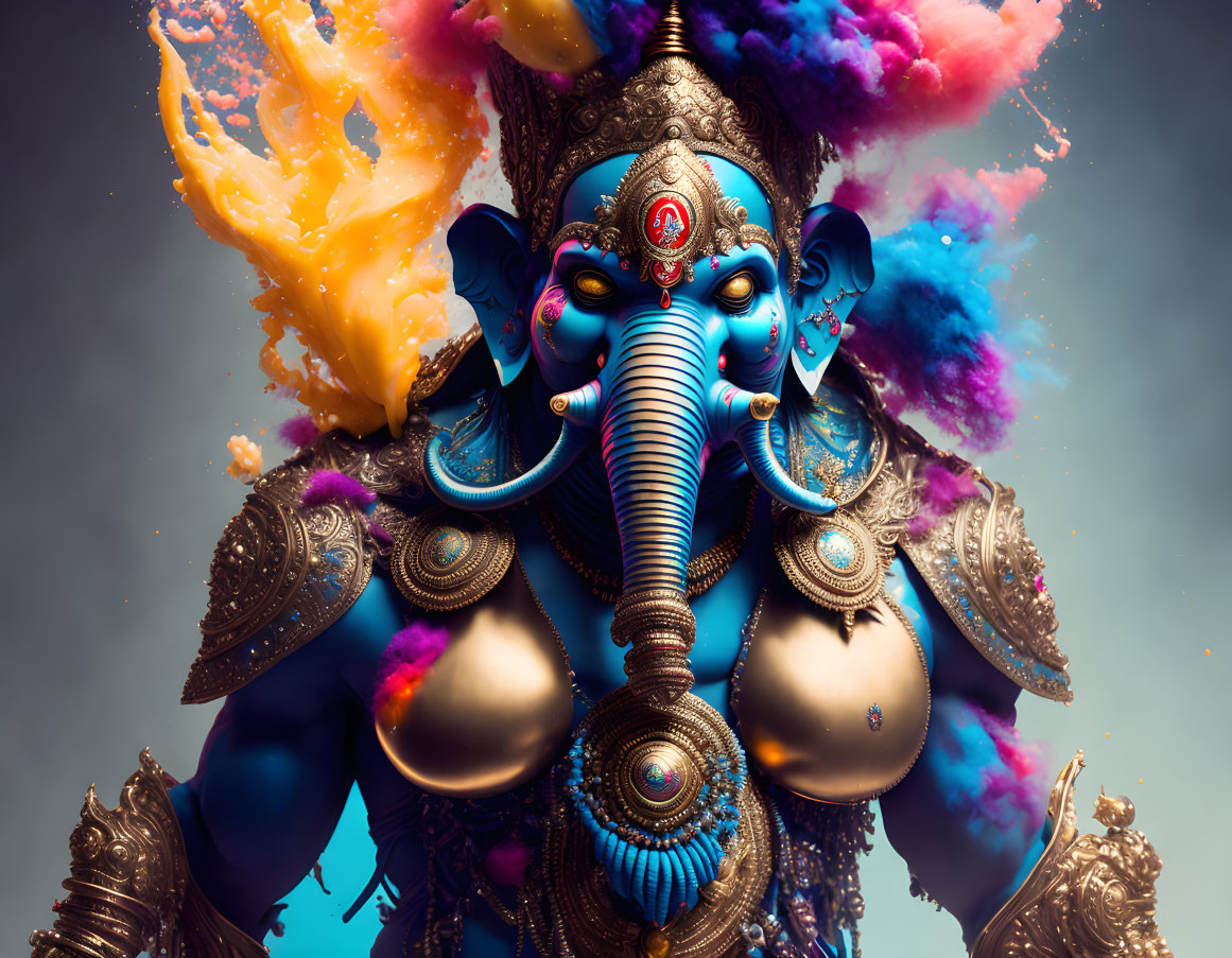 Vibrant Ganesha Artwork with Colorful Powders on Moody Background