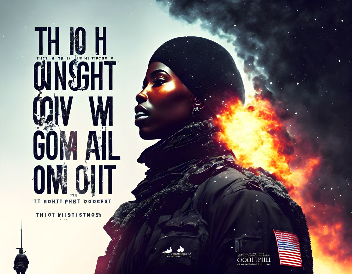 Profile of person in black beanie and tactical gear against explosion backdrop with scattered text.