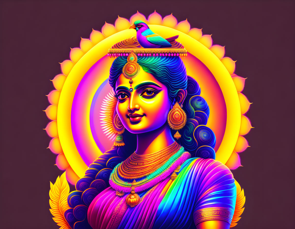 Vibrant digital artwork: Female figure with Indian adornments and peacock in decorative setting