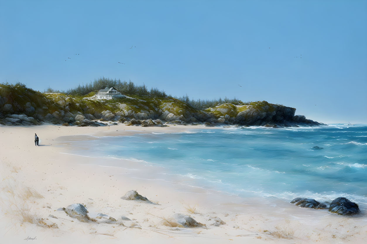 Tranquil beach scene with lone figure, turquoise waters, sandy shore, coastal house, and blue