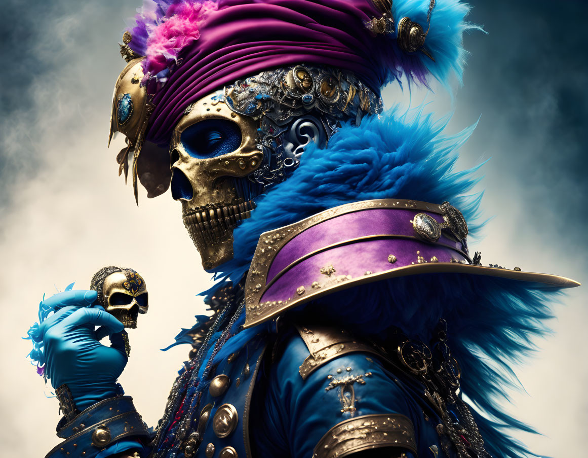 Elaborate costume with skull mask, blue feathers, and gold details