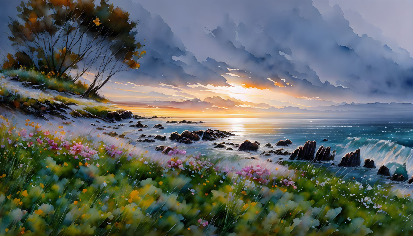 Tranquil sunset seascape with wildflowers, tree, and dramatic clouds