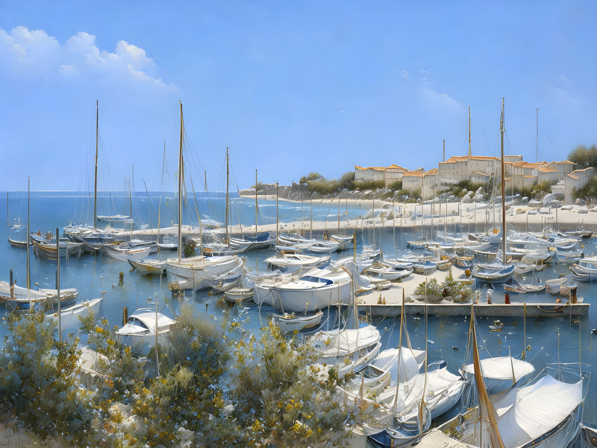 Tranquil marina scene with sailboats, calm waters, and coastal buildings