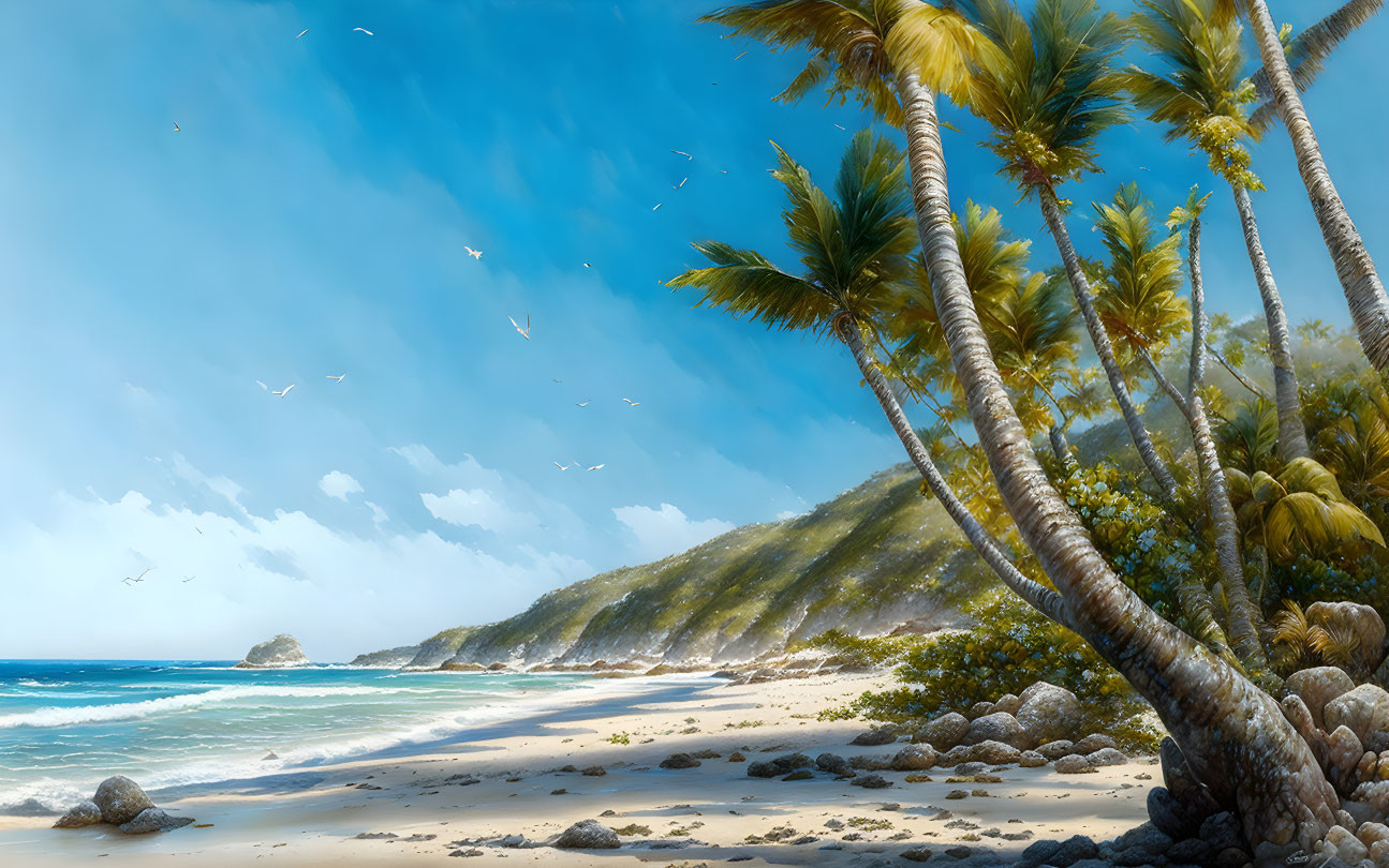 Tropical Beach Scene with Palm Trees and Birds in Flight