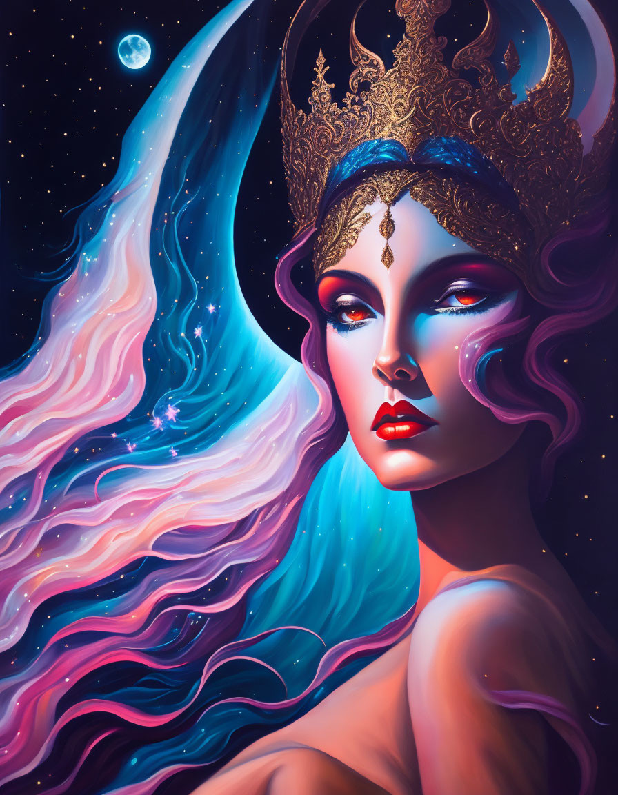 Vibrant illustration of majestic female figure with nebula hair and celestial backdrop