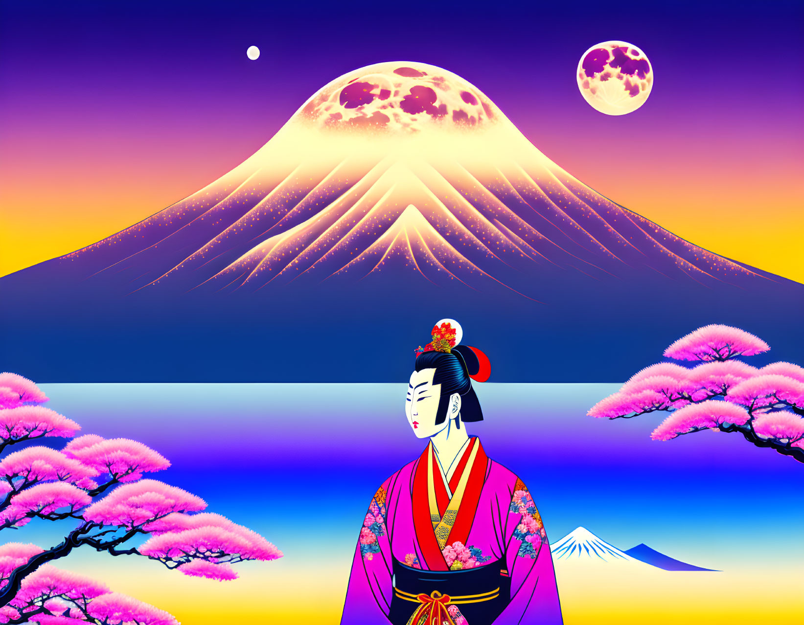 Illustration of Mount Fuji with traditional attire, cherry blossoms, moons