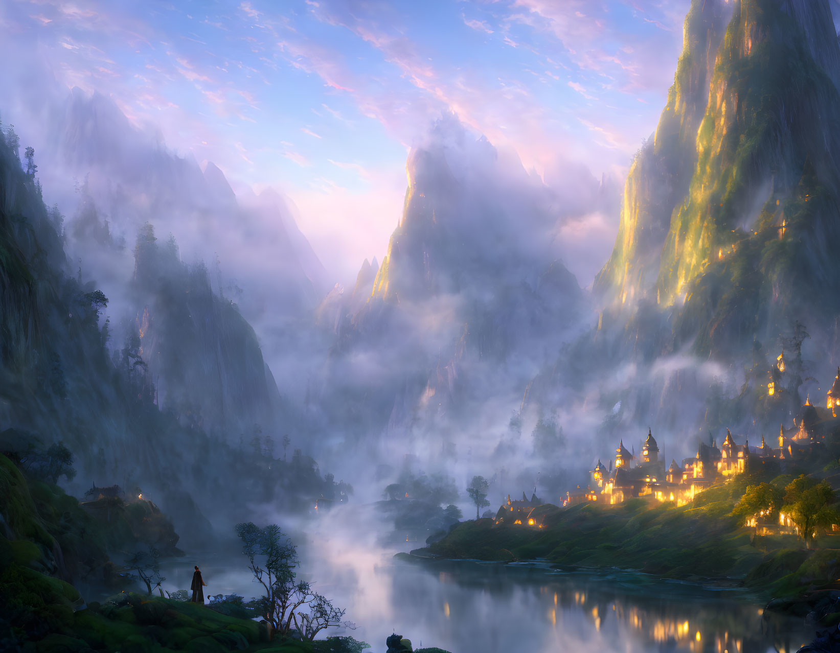 Misty mountains, glowing village, lone figure at dawn