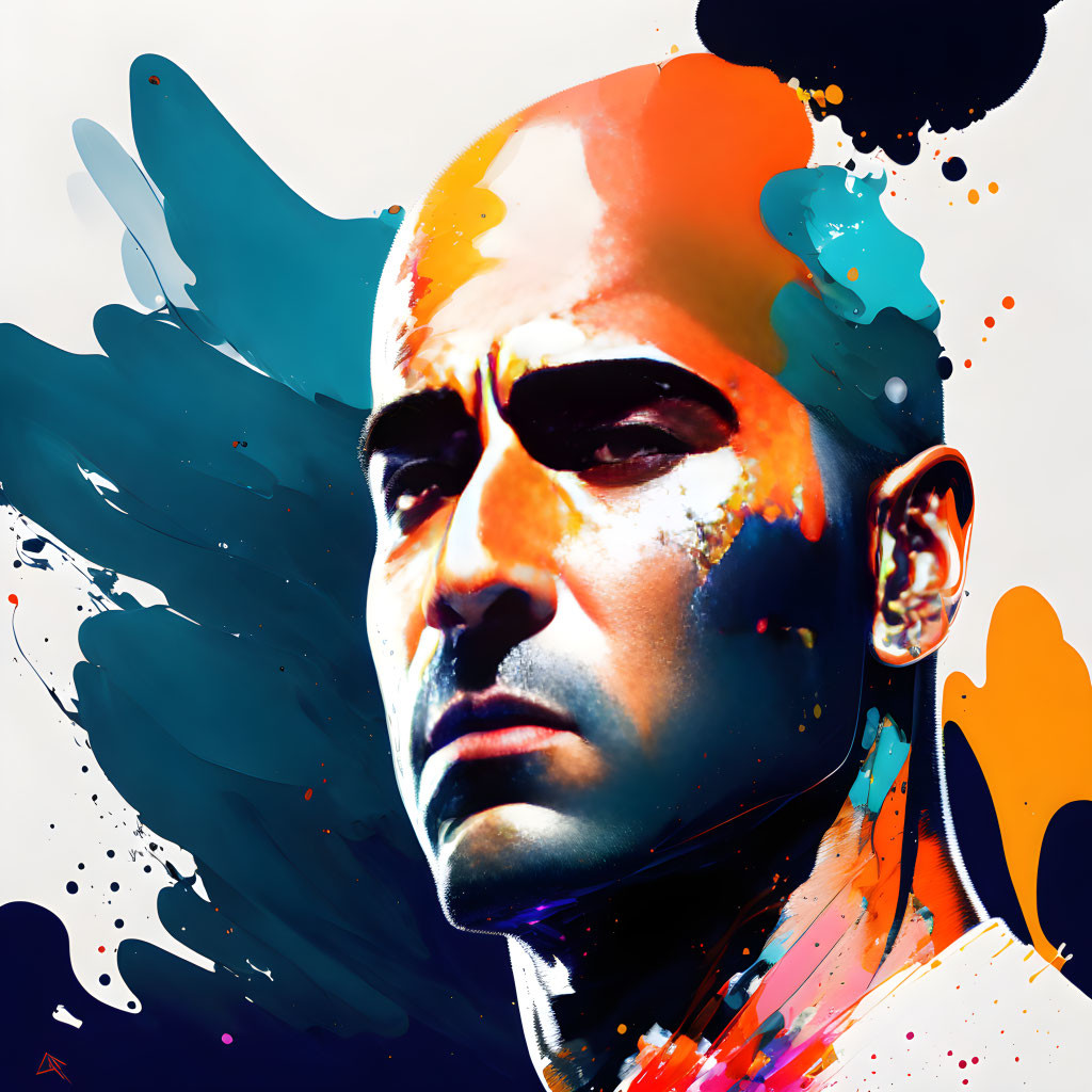 Serious man portrait with orange and blue paint splashes on white background