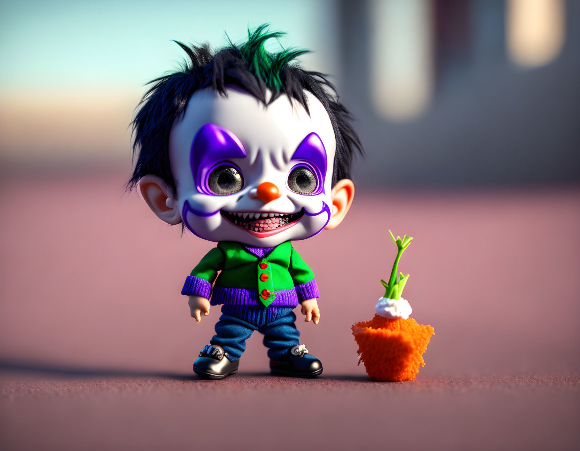 Cartoonish vampire child 3D illustration with green hair and purple makeup