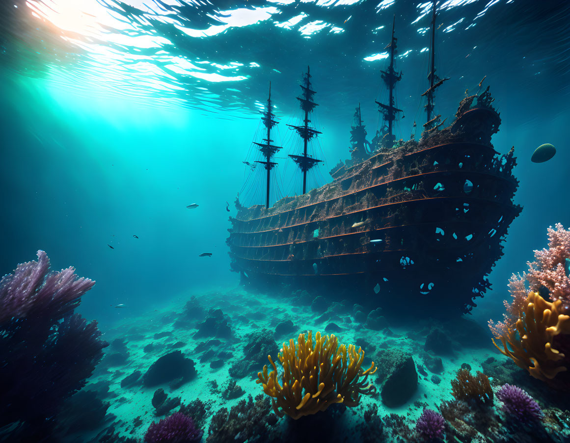 Underwater Shipwreck with Sunlit Coral and Fish