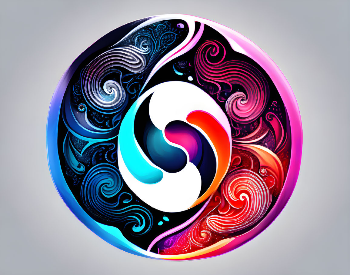 Circular Yin-Yang Symbol with Blue and Pink Paisley Patterns on Light Grey Background