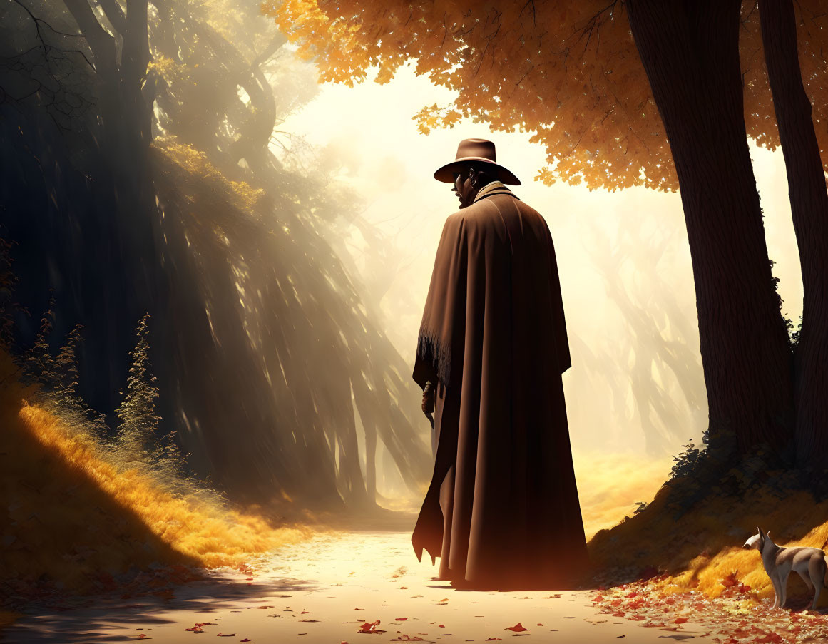 Person in trench coat and fedora walking with dog in autumn forest.