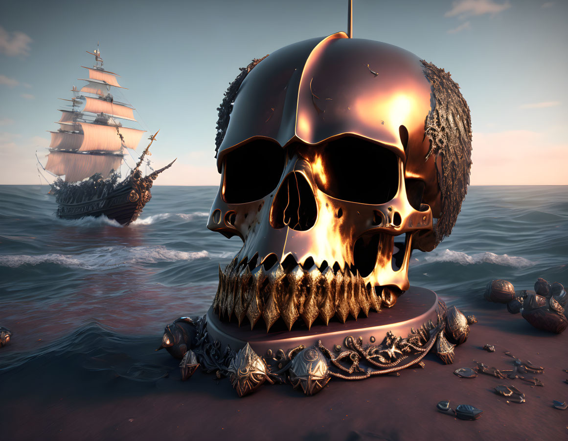 Skull-shaped helmet on beach with ship, crabs, and treasure